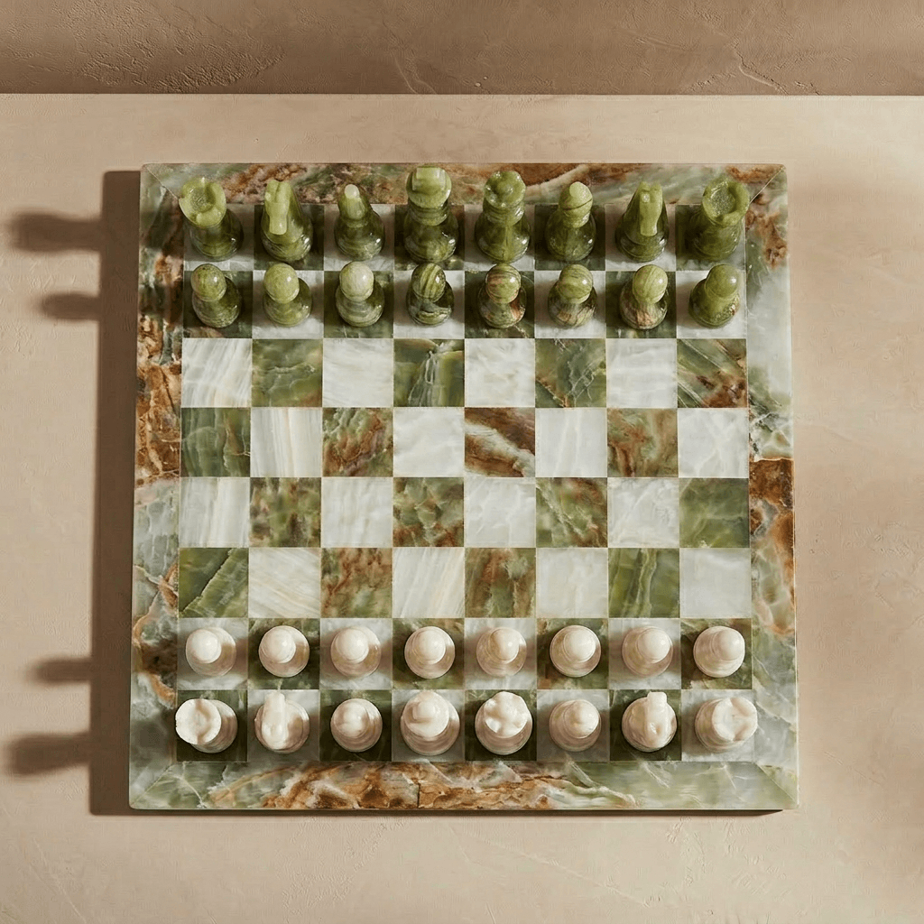 Marble & Onyx Chess Set w/ Velvet Storage Case