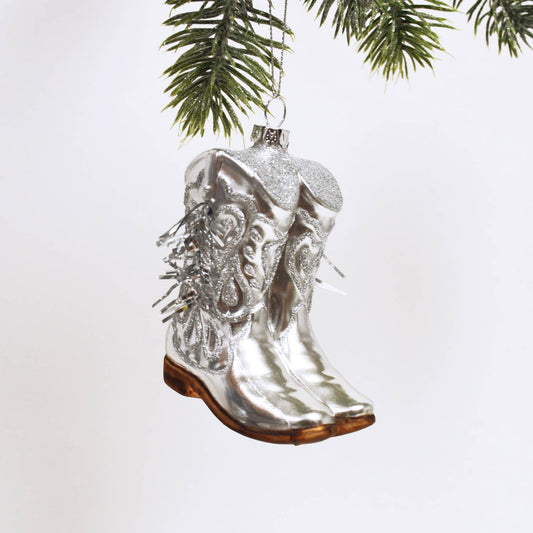 Silver Cowboy Boots Glass Christmas Ornament
