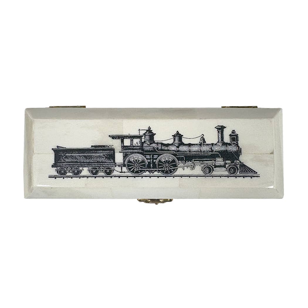 Vintage Train Locomotive Bone Postage Stamp Box