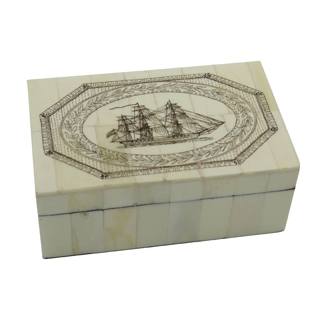 American Frigate Vintage Scrimshaw Bone Box