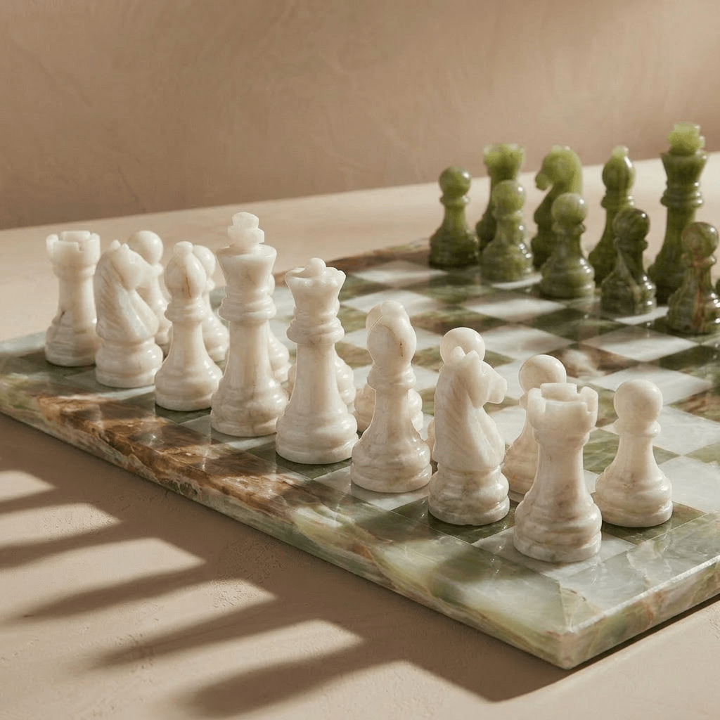Marble & Onyx Chess Set w/ Velvet Storage Case