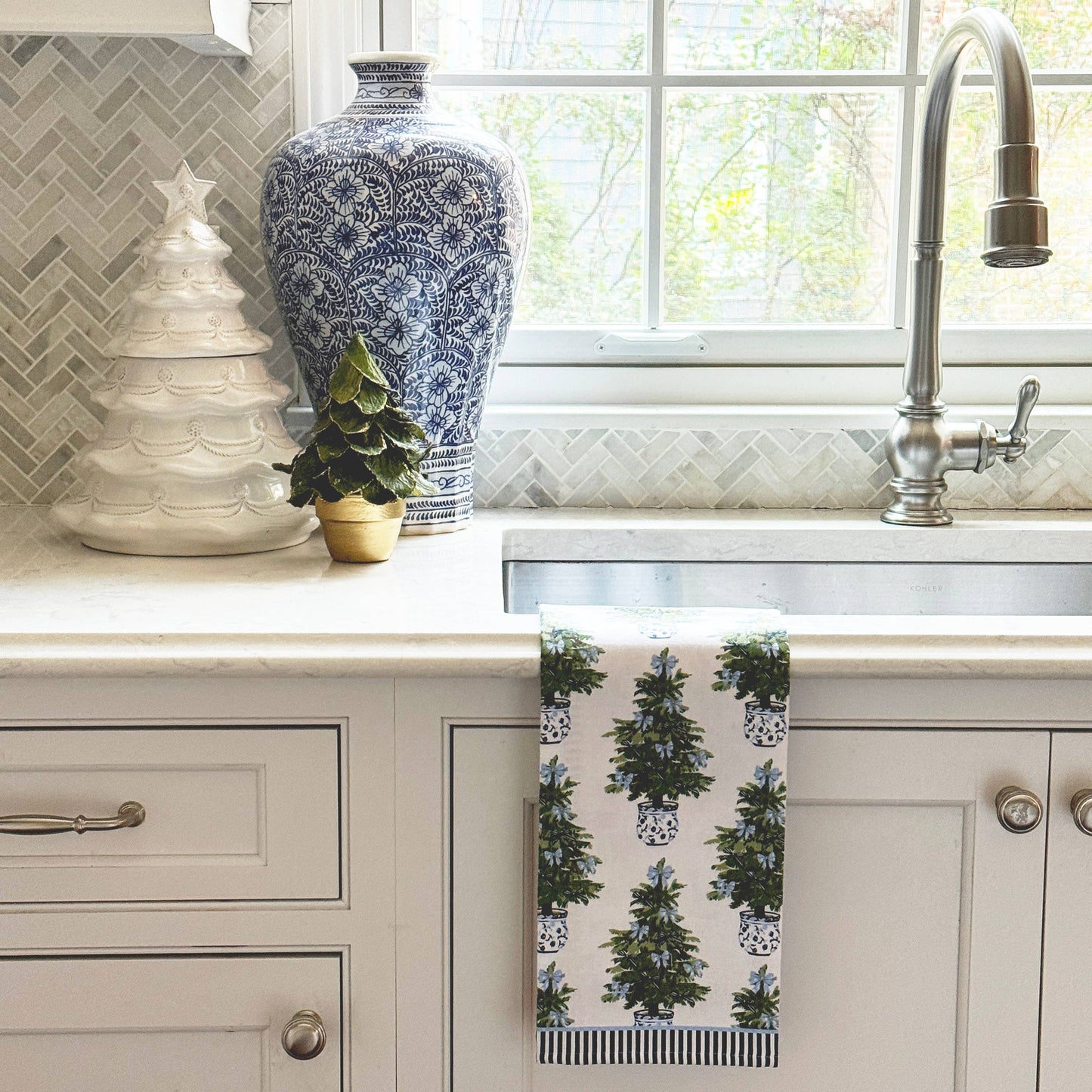 WH Hostess Tea Towel Blue Bows Christmas Trees