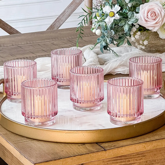 Ribbed Glass Votive Candle Holder, Pink