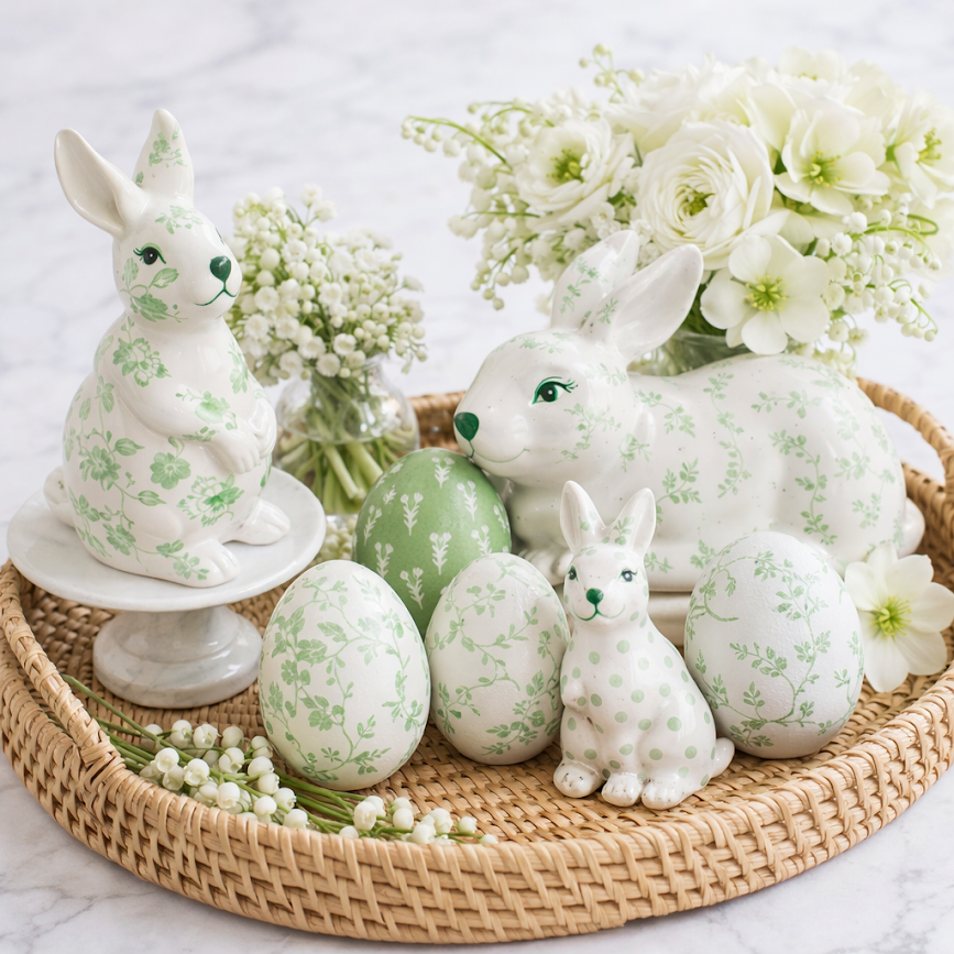 White & Green Cherry Blossom Porcelain Egg