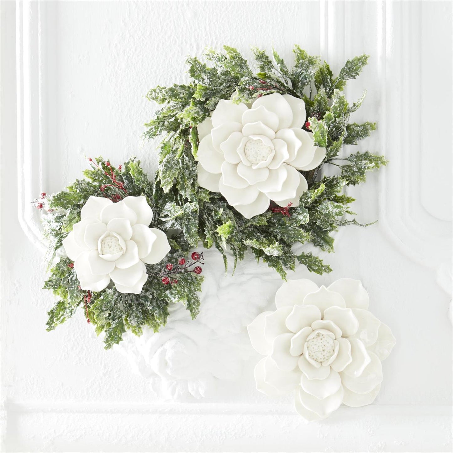 Handcrafted Glossy-White Wall Flowers S/3