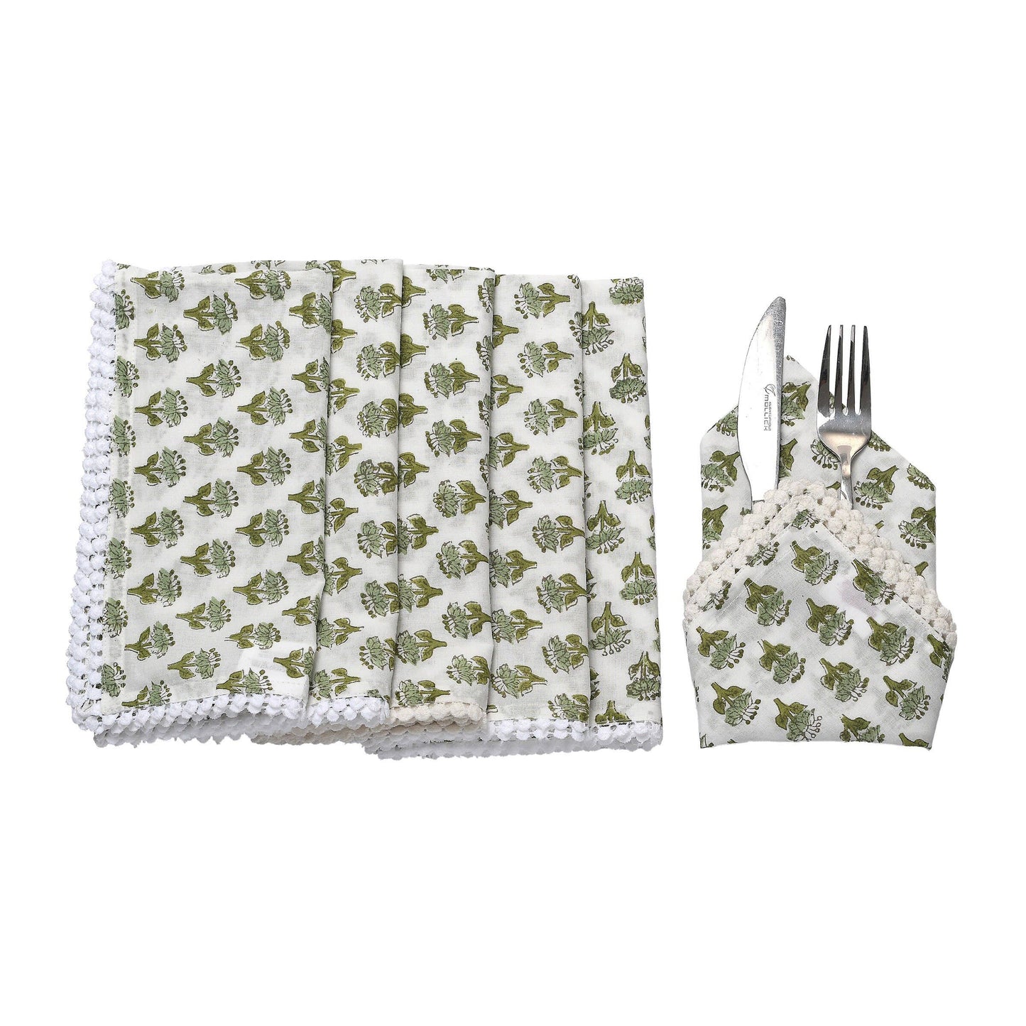 Emerald Green Printed Napkin w/ Pom-Pom border: Set of 6