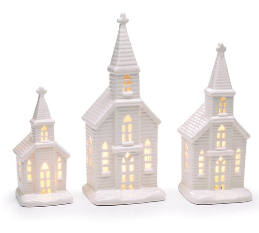 White Ceramic Churches, Set of 3