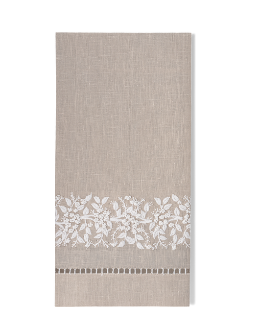 Jardin Linen Hand Towel: White on Taupe