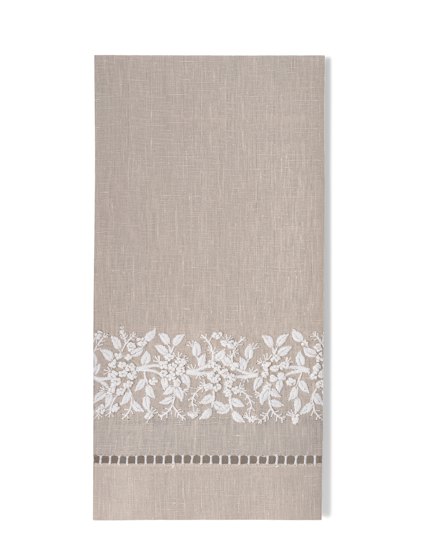 Jardin Linen Hand Towel: White on Taupe
