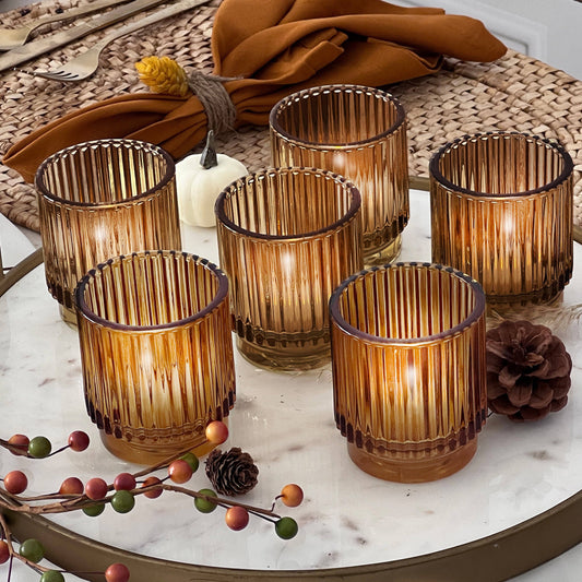 Ribbed Amber Glass Votive Candle Holder