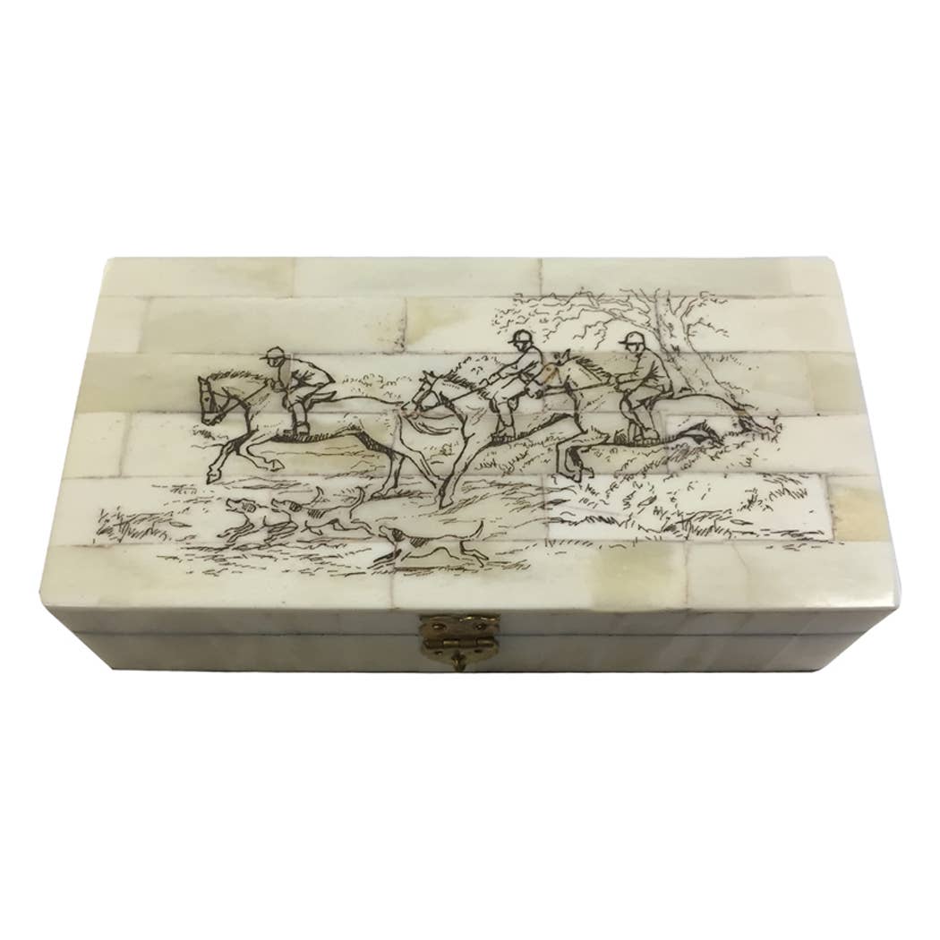Fox Hunting Engraved Scrimshaw Bone Box, 6-1/4”