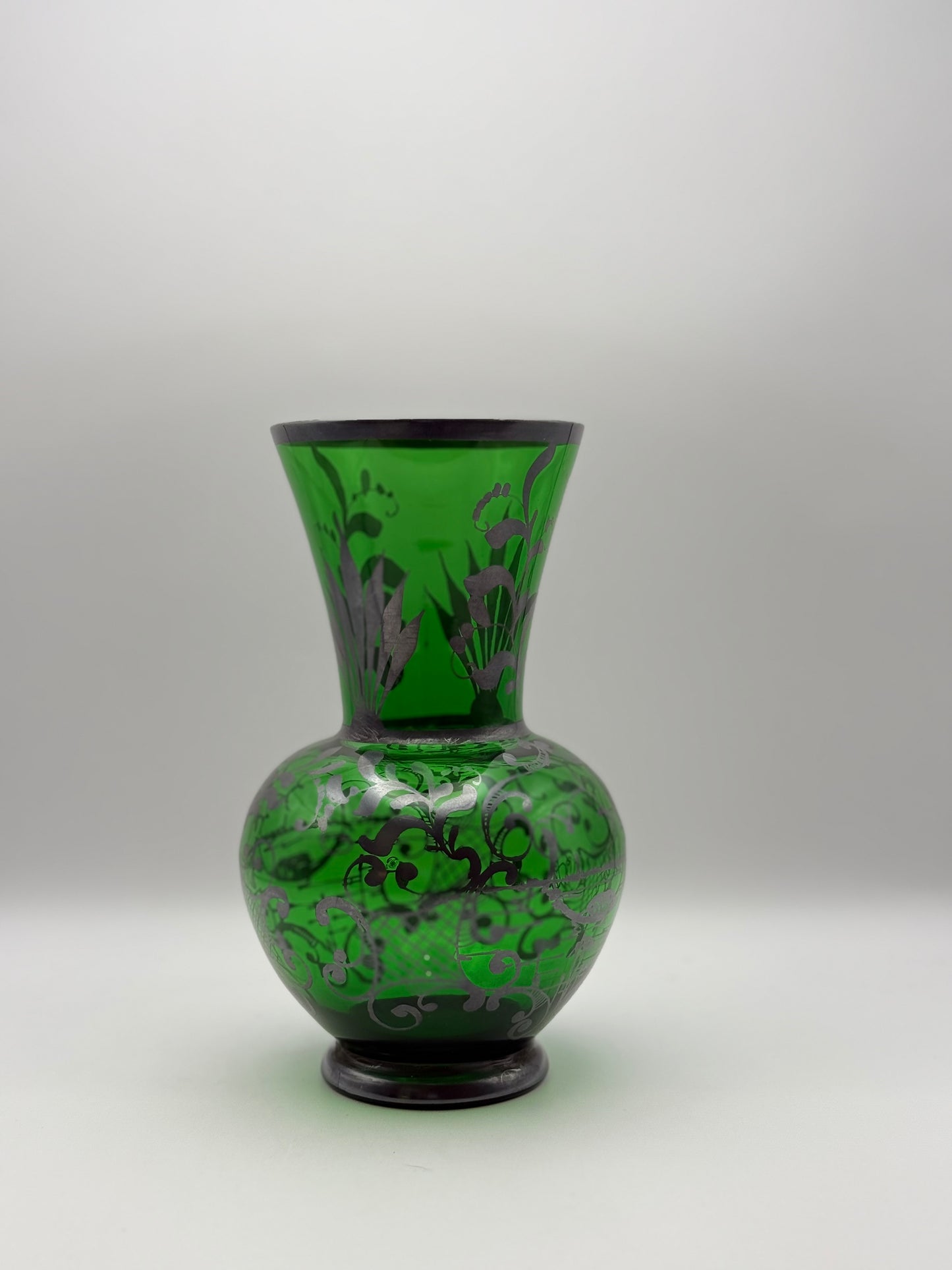 Green Glass Vase w/Painted Silver Overlay - Thumbnail 3
