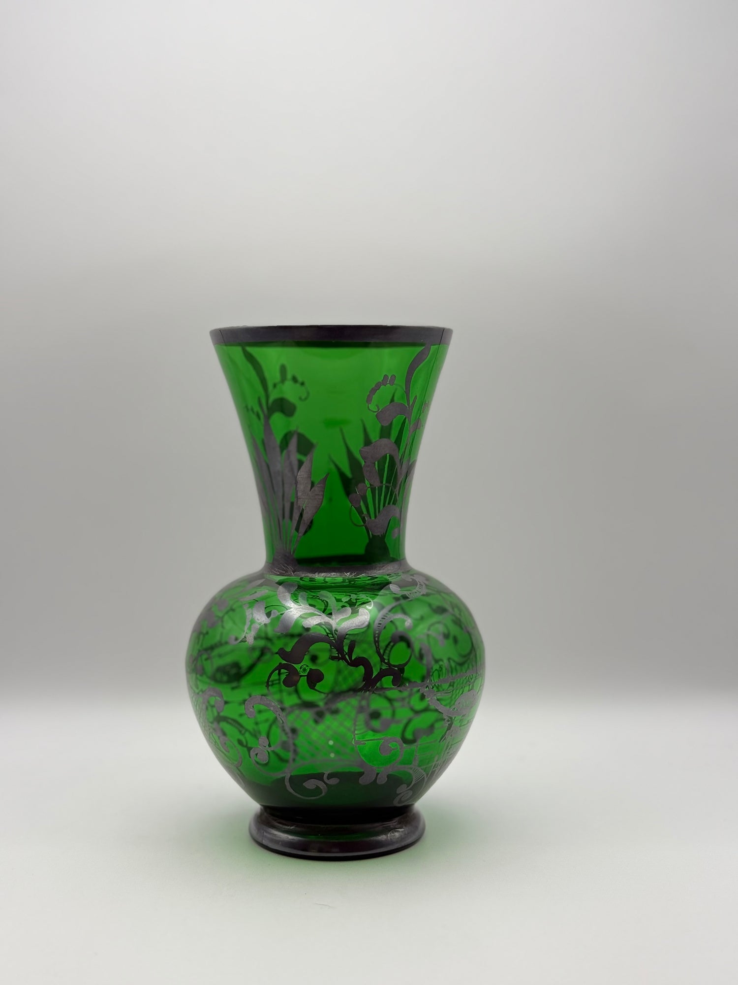 Green Glass Vase w/Painted Silver Overlay - Thumbnail 2