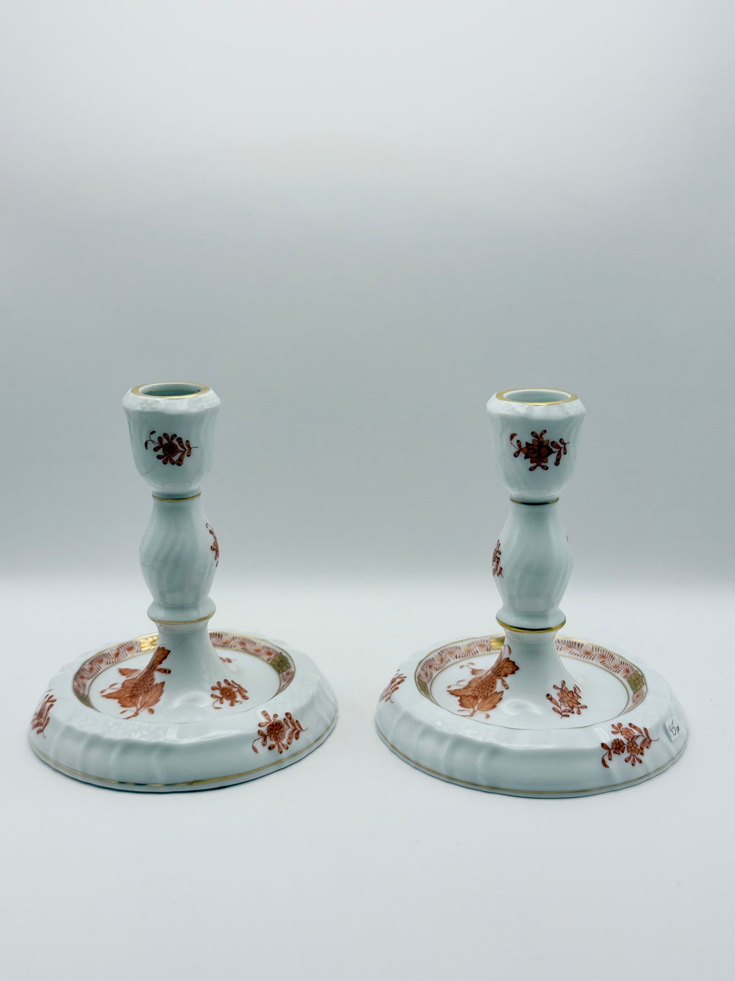 Pair of 6" Candlesticks Chinese Bouquet Rust