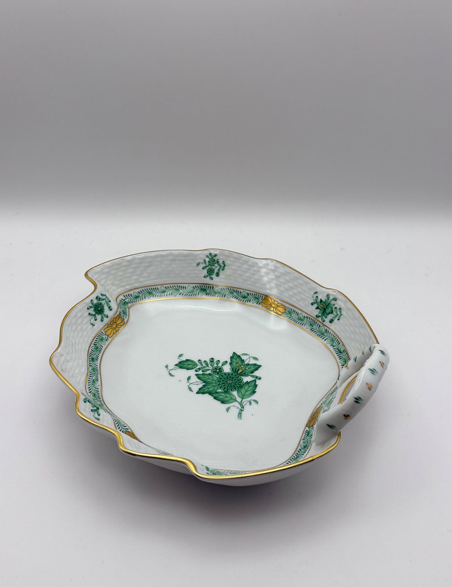 Large Leaf Dish w Handle Chinese Bouquet Green