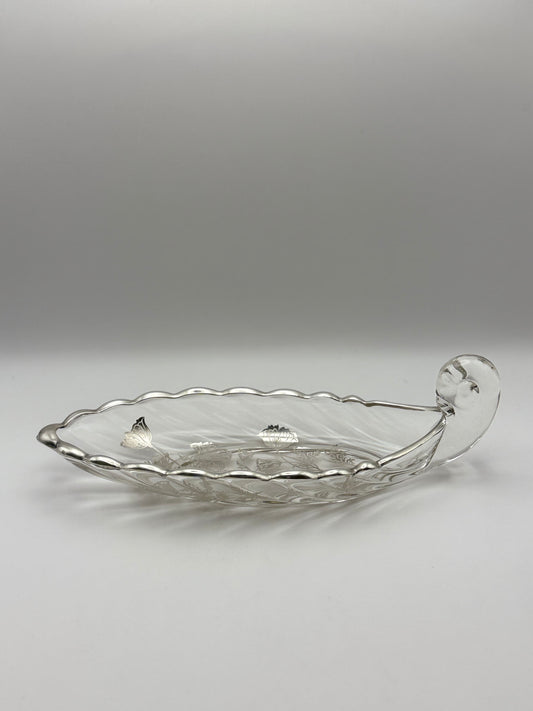 Vintage Sterling Overlay 9” Long Bowl With Glass Handle