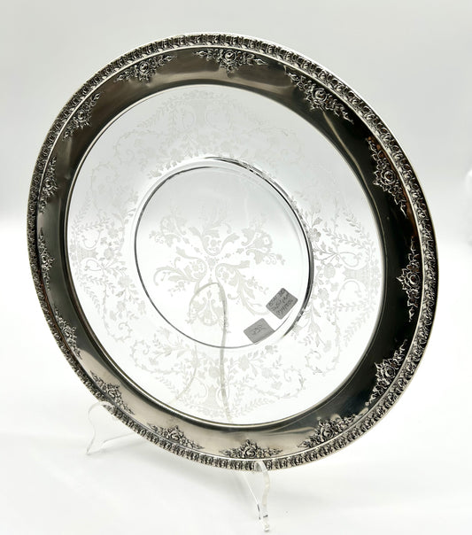 Vintage Wallace Sterling Rim Etched Glass 13" Tray
