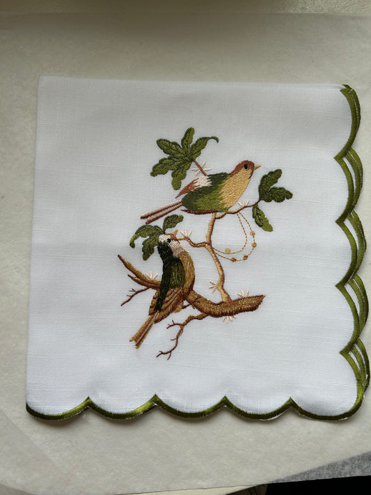 2 Green Birds On Branch Embroidered Napkin