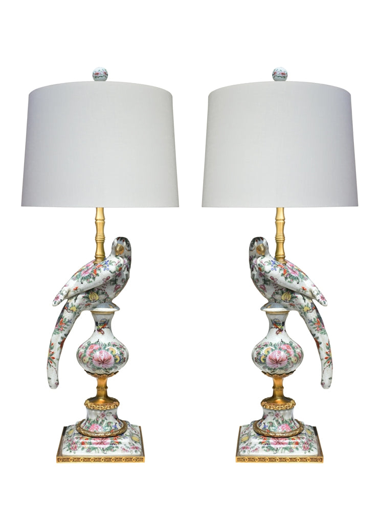 Rose Birds Lamps Pair