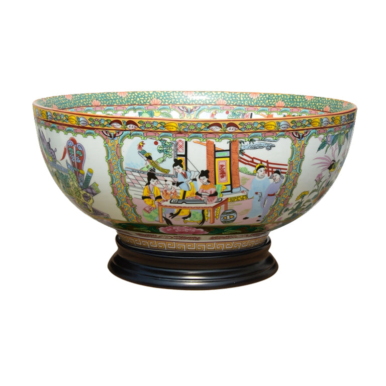 Porcelain Rose Medallion Bowl w/ Gold Base - 14"