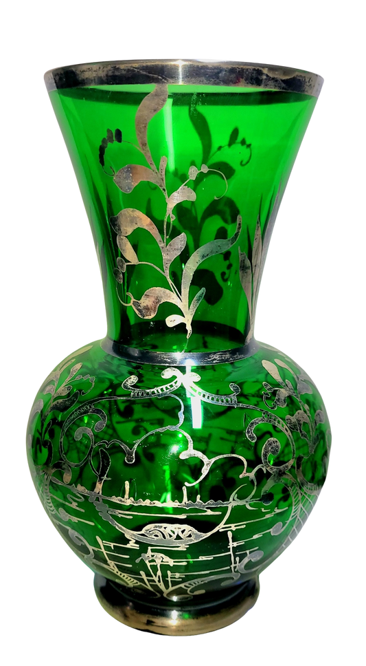 Green Glass Vase w/Painted Silver Overlay