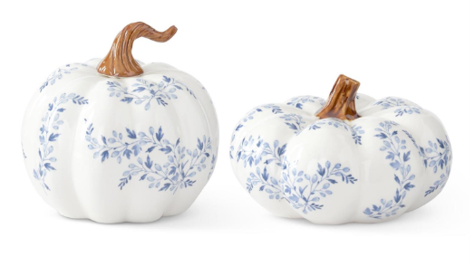 White w/ Blue Floral Ceramic Pumpkins - 2 Sizes