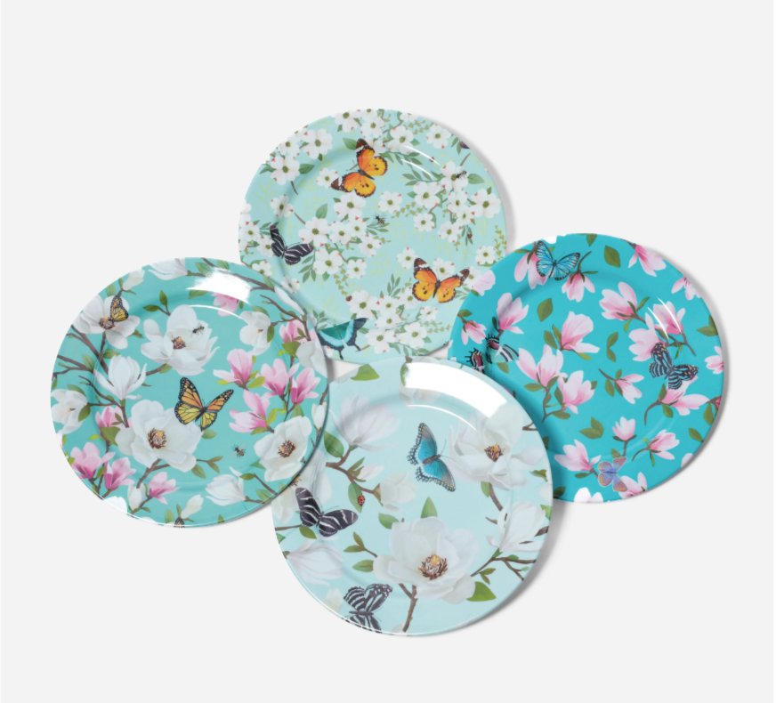 Floral w/ Butterfly Melamine Plates, S/4