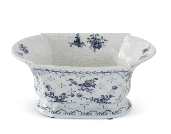 13 Inch Blue & White Floral Ceramic Oval Fluted Bowl