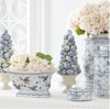 13 Inch Blue & White Floral Ceramic Oval Fluted Bowl