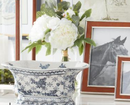 13 Inch Blue & White Floral Ceramic Oval Fluted Bowl