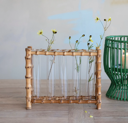 Bamboo Stand with 5 Glass Test Tube Vases