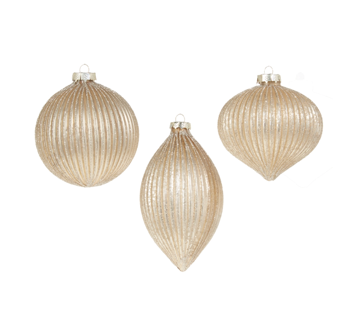 4" Champagne Glitter Ribbed Ornament Set
