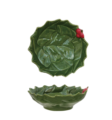 Hand-Painted Holly Leaves Shaped Bowl with Berries