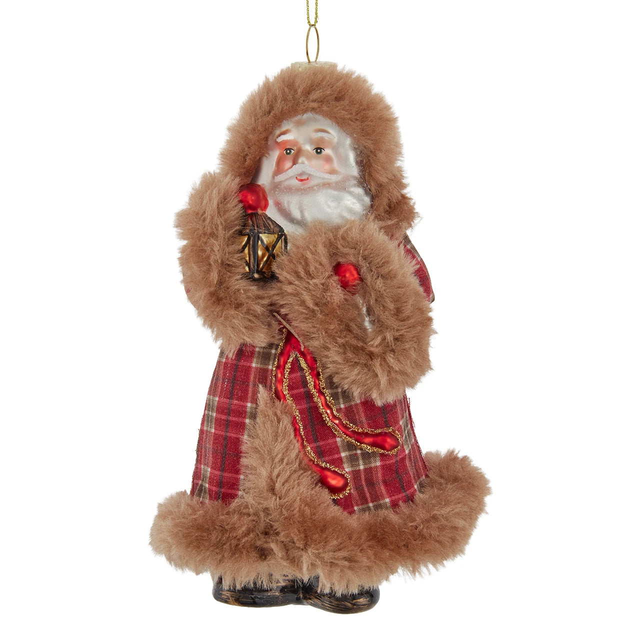 Glass Santa With Fur & Plaid Coat Ornament