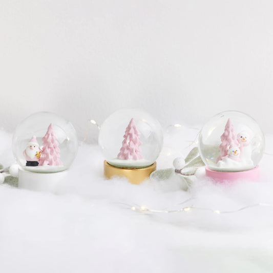 Pink Tree & Santa White Base Mini Snow Globe