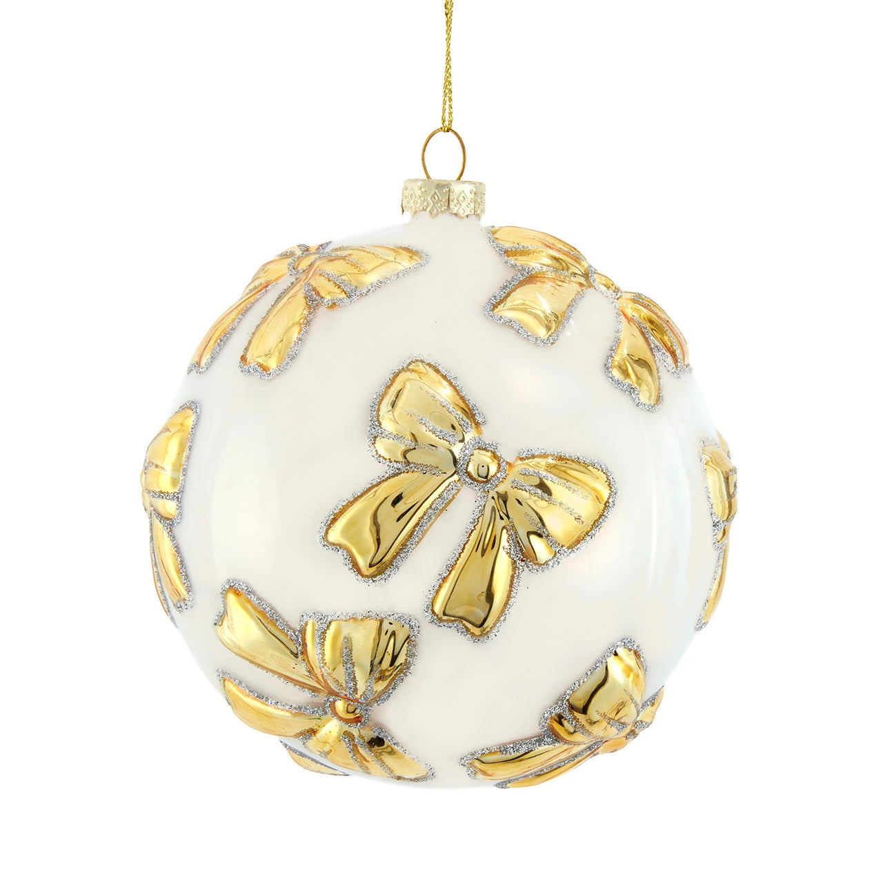 4" White Ball w/ Gold Bows Ornament
