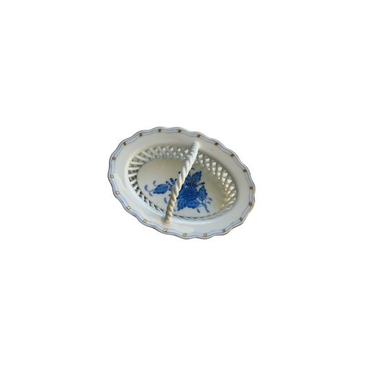 Blue Chinese Bouquet Oval Reticulated Basket w/ Handle