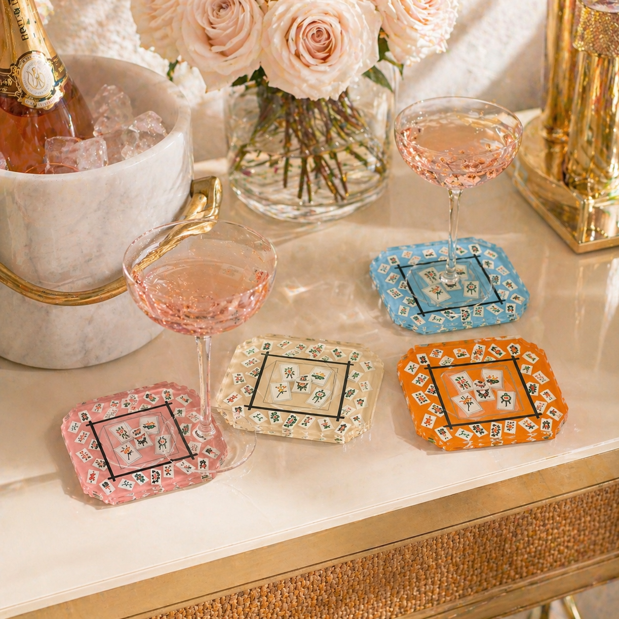 Boxed Acrylic Coaster Set of 4, Bamboo Mahjong