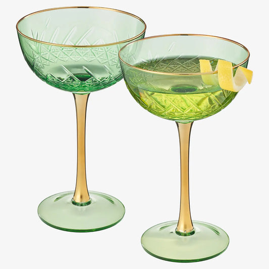 Vintage Art Deco Coupe Glasses | Set of 2 | Green