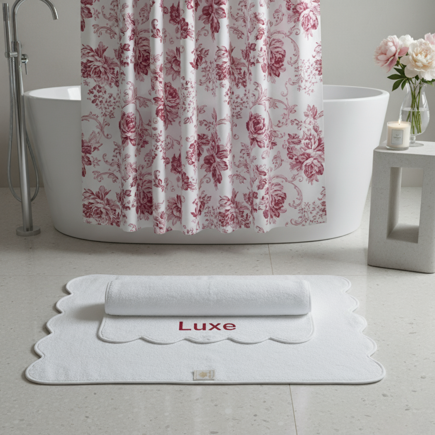 Scallop Bath Mat S/2: White Piping