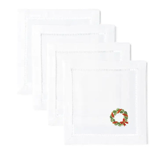 Holly Ribbon Wreath Cocktail Napkins, Set of 4