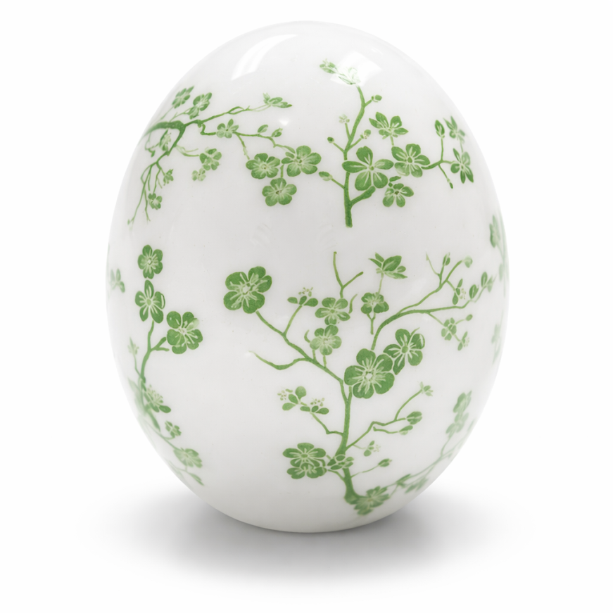 White & Green Cherry Blossom Porcelain Egg