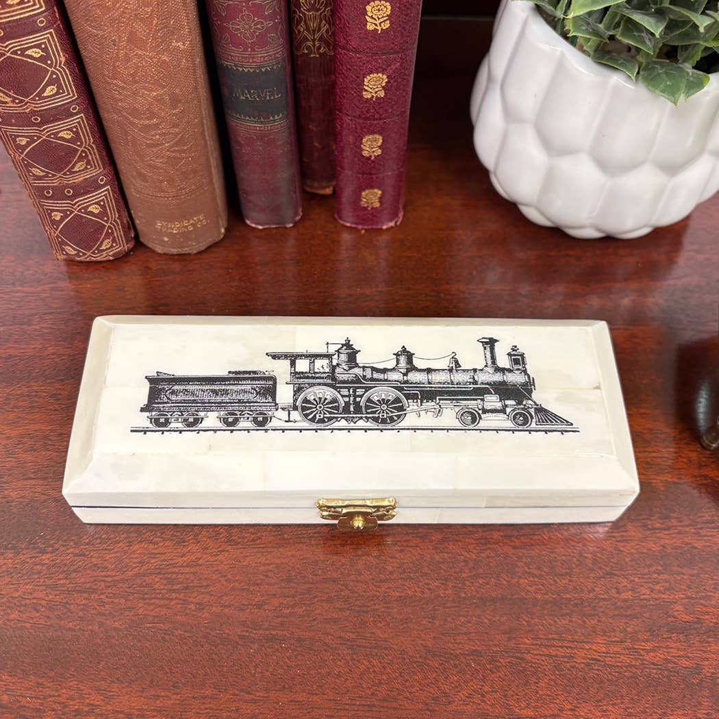 Vintage Train Locomotive Bone Postage Stamp Box