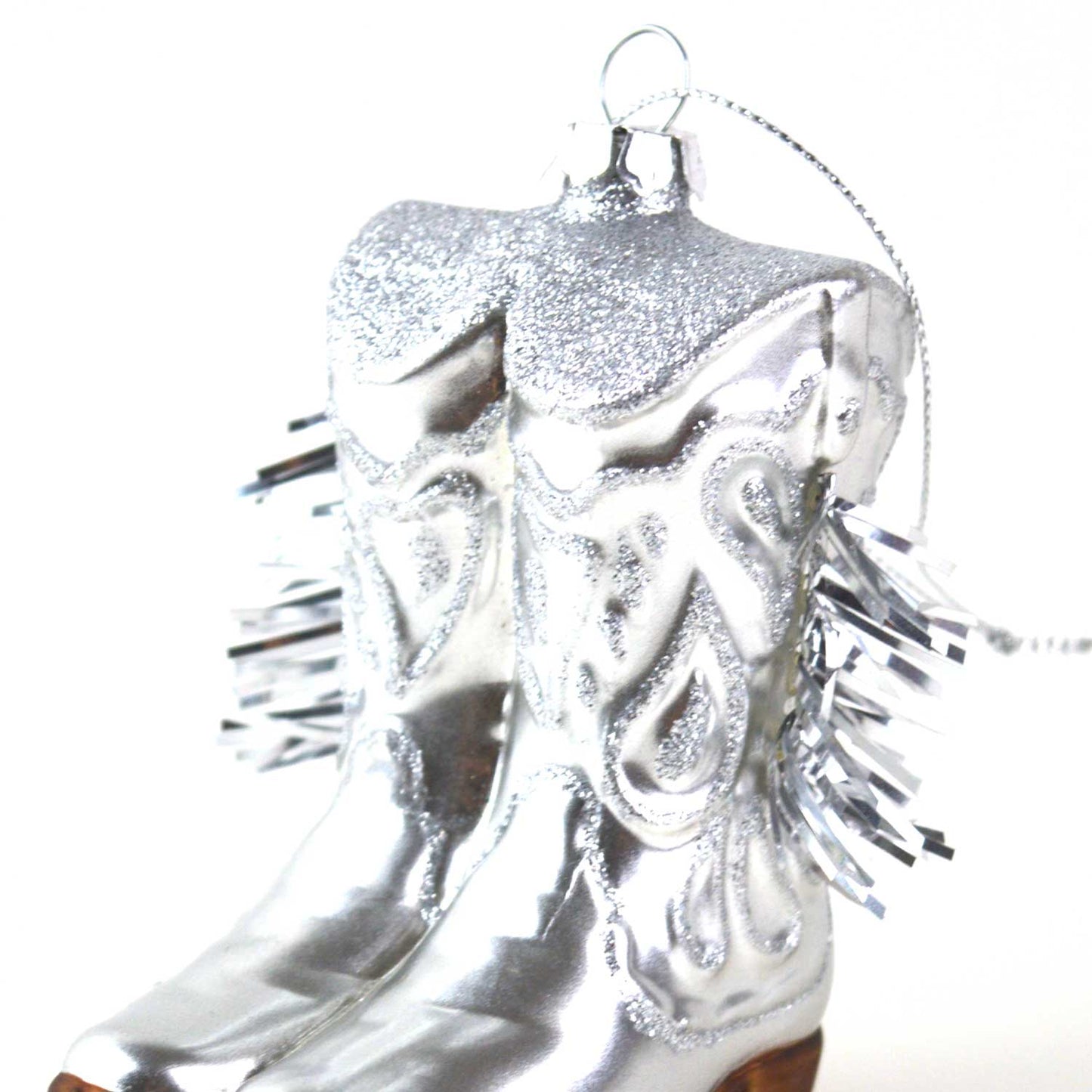 Silver Cowboy Boots Glass Christmas Ornament
