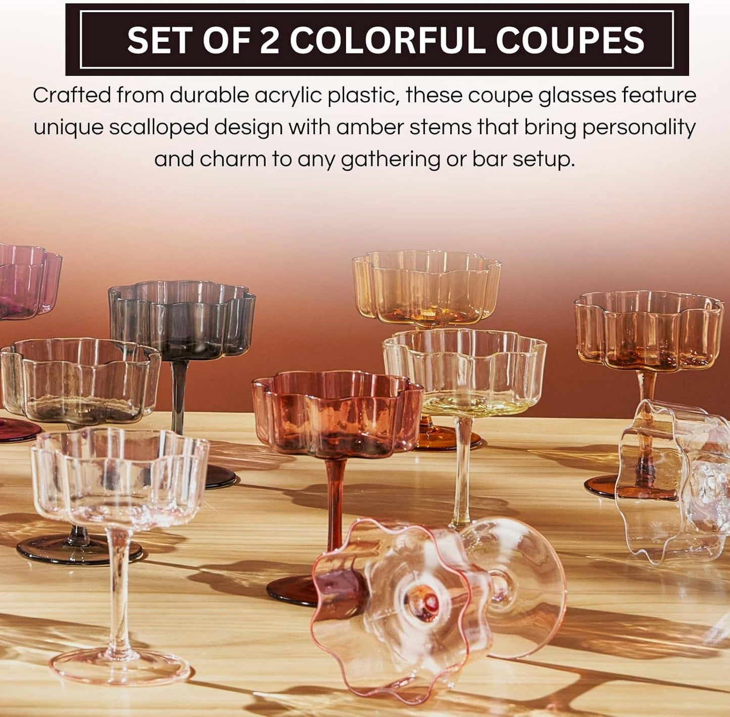 Flower Wave Coupe Glass | S/2 | Amber