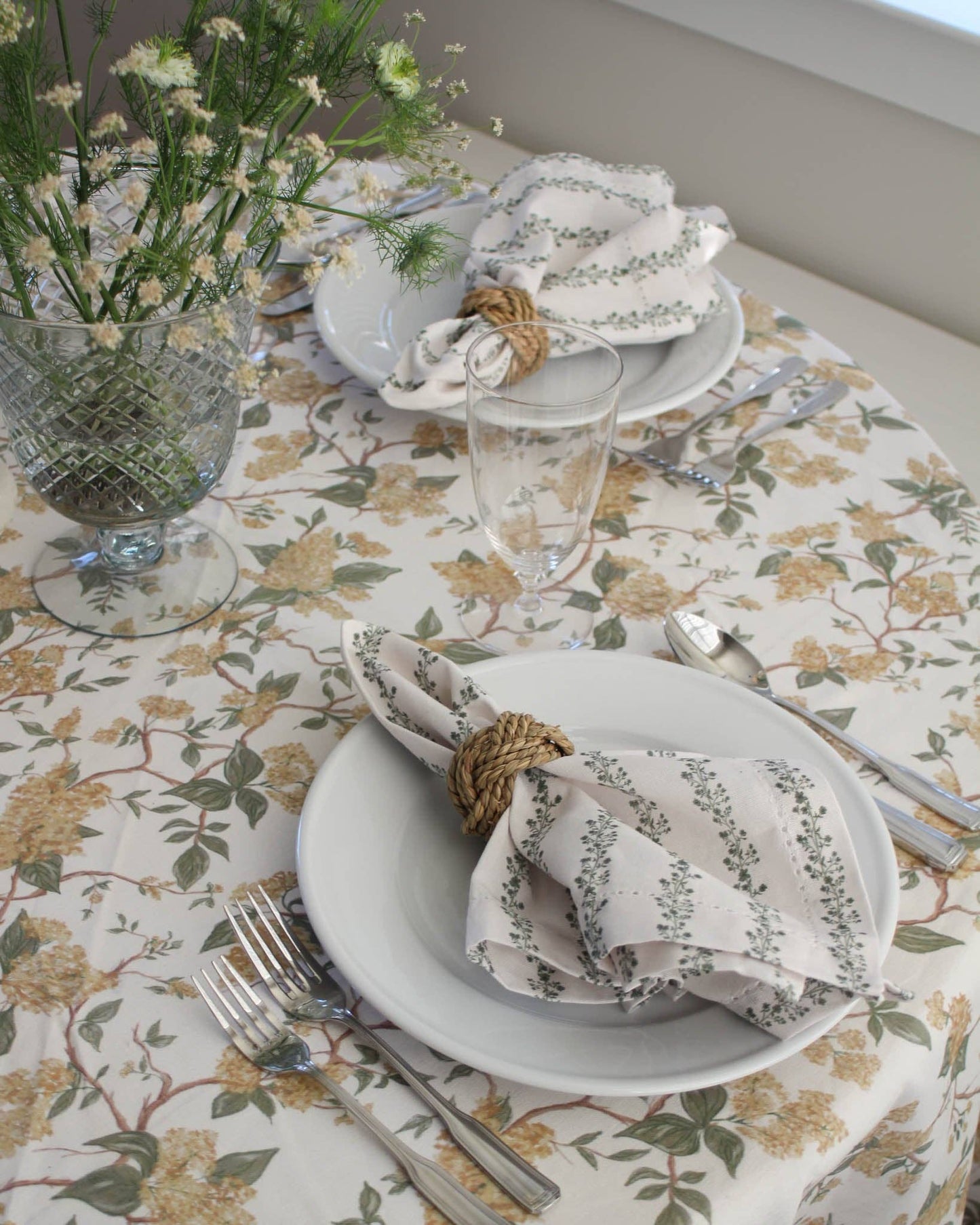 Begonia Stripe Fern Green Floral Napkins, Set of Four