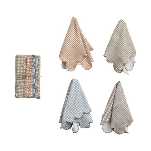 Cotton Printed Scalloped Napkins w/Check Pattern-S/4