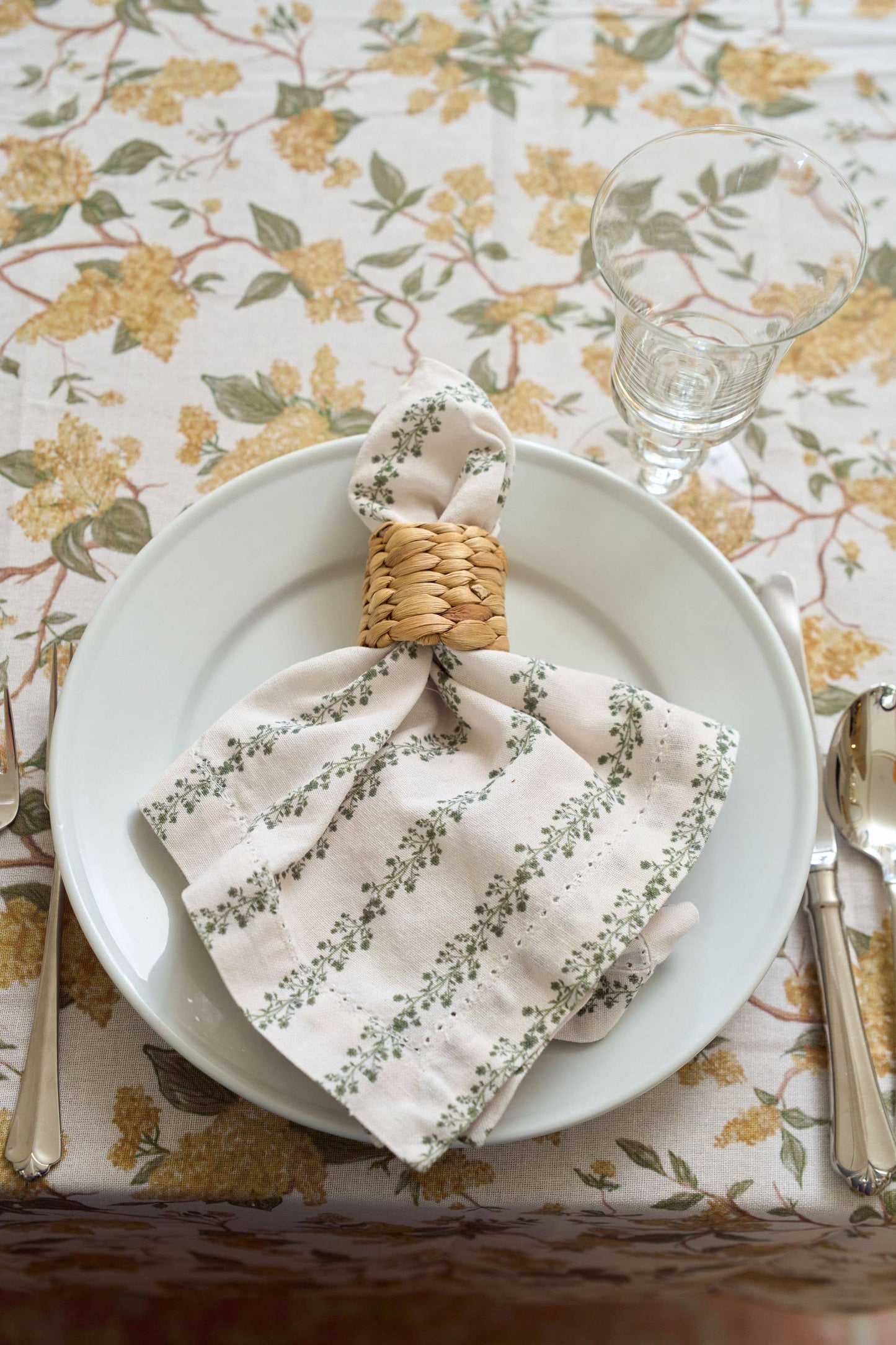 Begonia Stripe Fern Green Floral Napkins, Set of Four