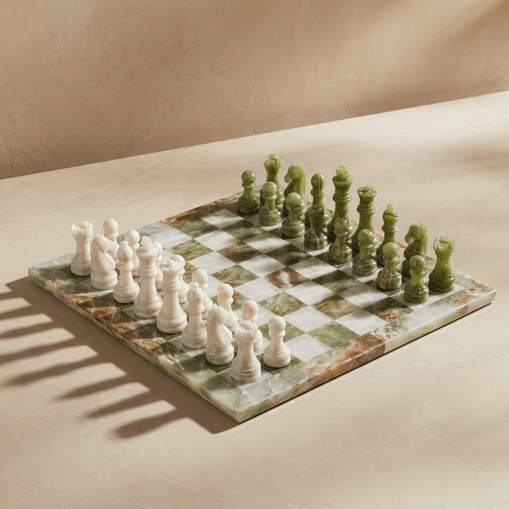 Marble & Onyx Chess Set w/ Velvet Storage Case