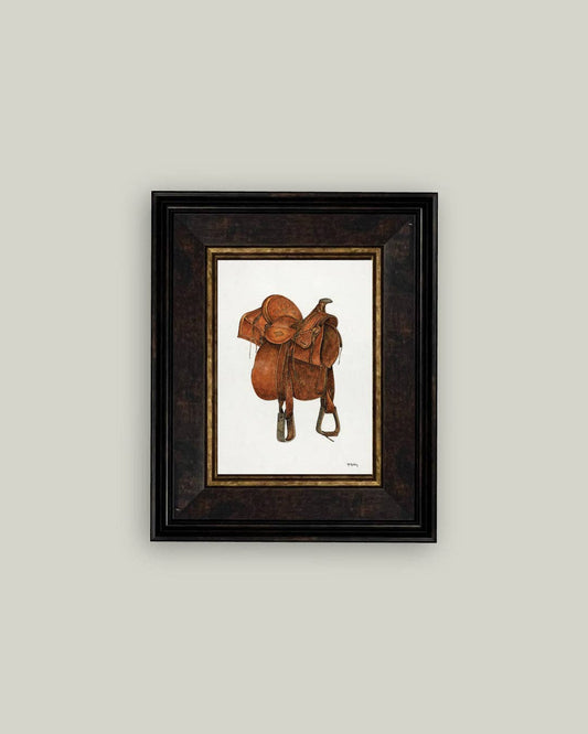 Leather Saddle Framed Antique Art: 7x9